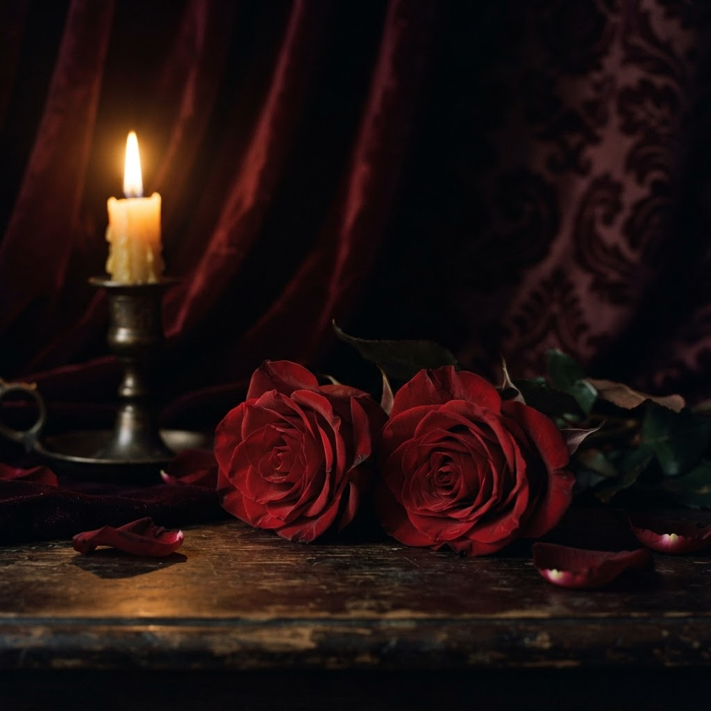 Two deep crimson roses resting close together in warm candlelight against dark burgundy velvet.